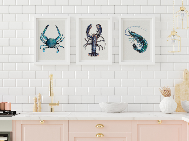 kitchen wall art - set of three kitchen art prints above sink - beach house art