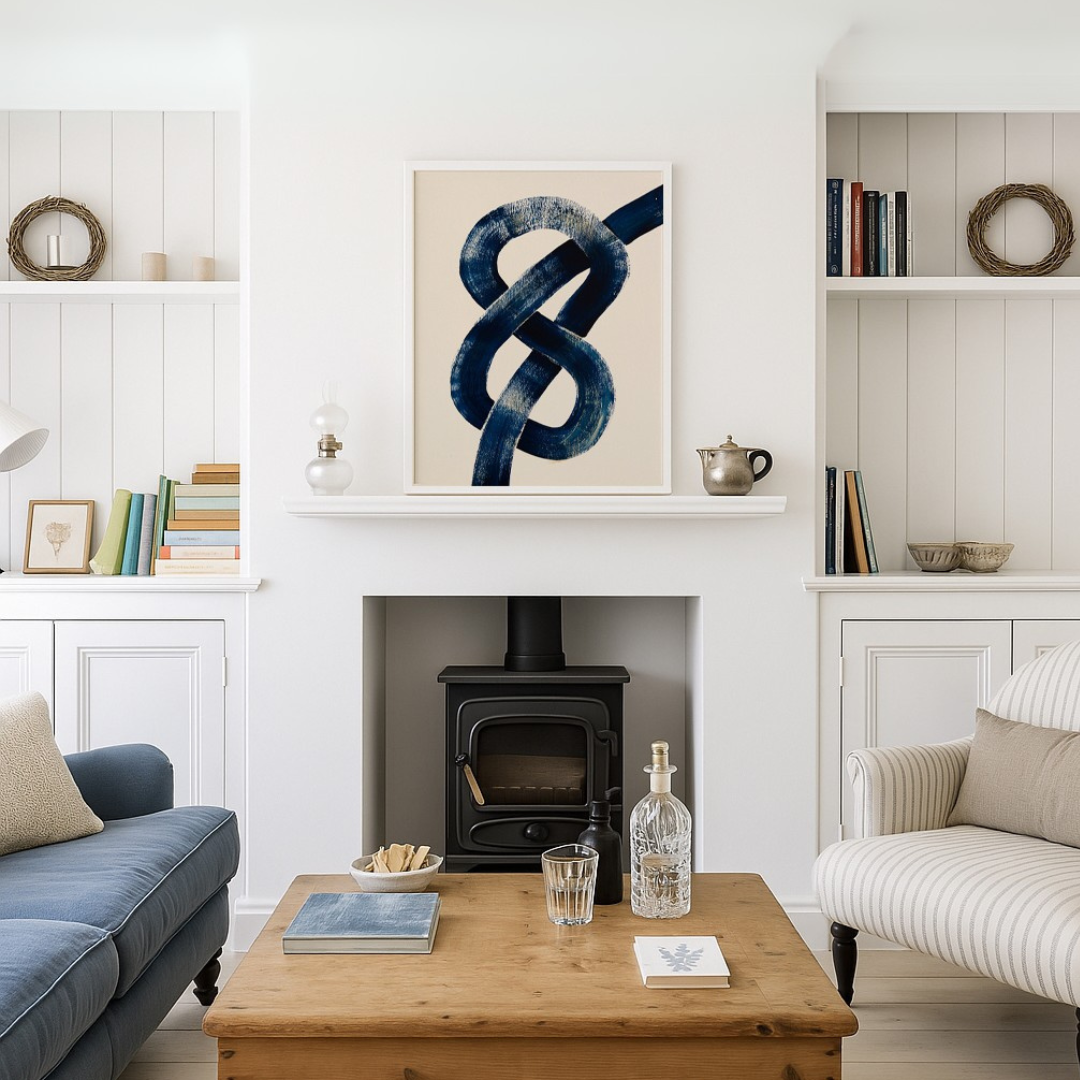 framed abstract line art print in living room above fireplace