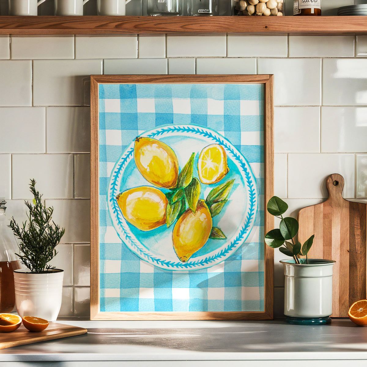 Lemon Painting on Blue Gingham | Kitchen Wall Art - Unframed