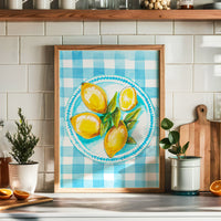 Lemon Painting on Blue Gingham | Kitchen Wall Art - Unframed