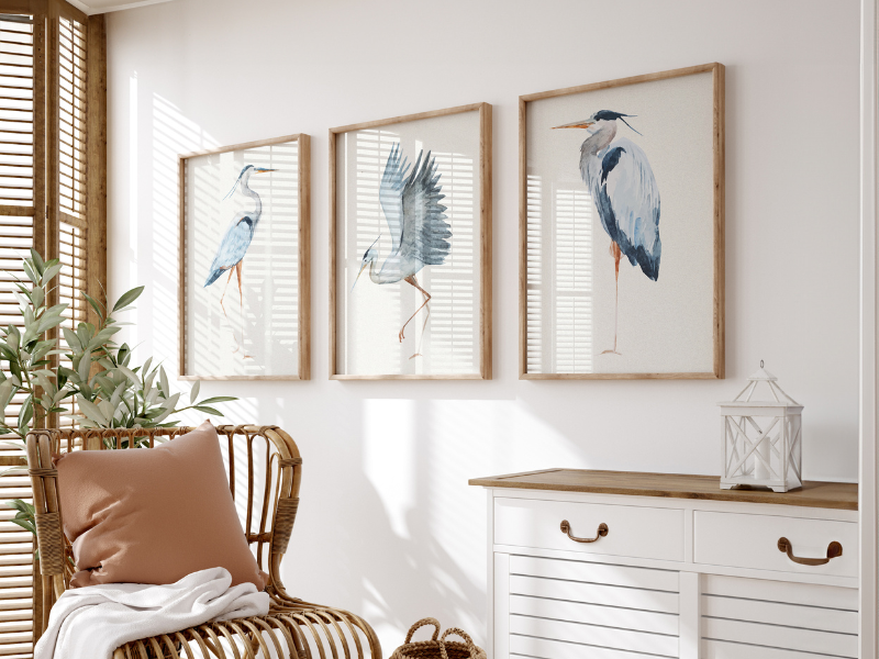 living room wall art - set of three heron art prints in coasal living room - beach house art