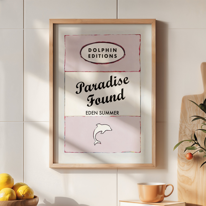 quote print on book cover in kitchen. vintage style book cover art print with quote on in pink.