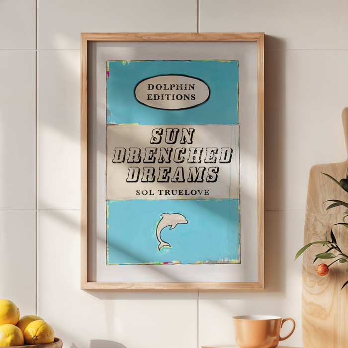 quote print on book cover in kitchen. vintage style book cover art print with quote on blue.