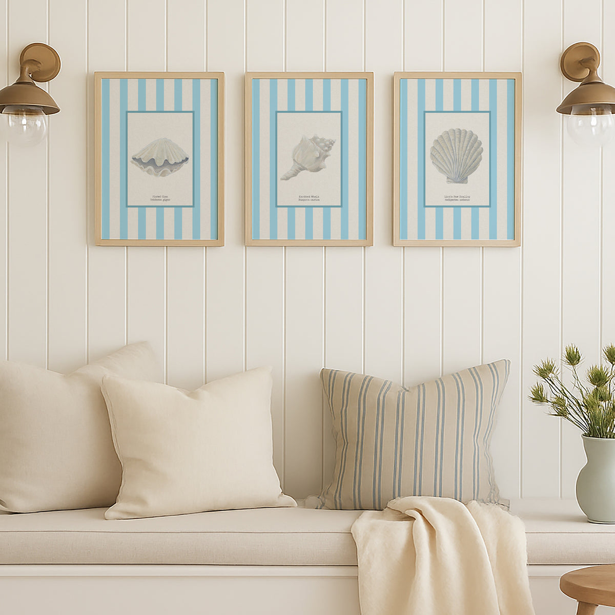 Hand-painted Scallop Shell Art Print | Aqua-blue Stripe Background - Unframed