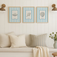 Hand-painted Scallop Shell Art Print | Aqua-blue Stripe Background - Unframed