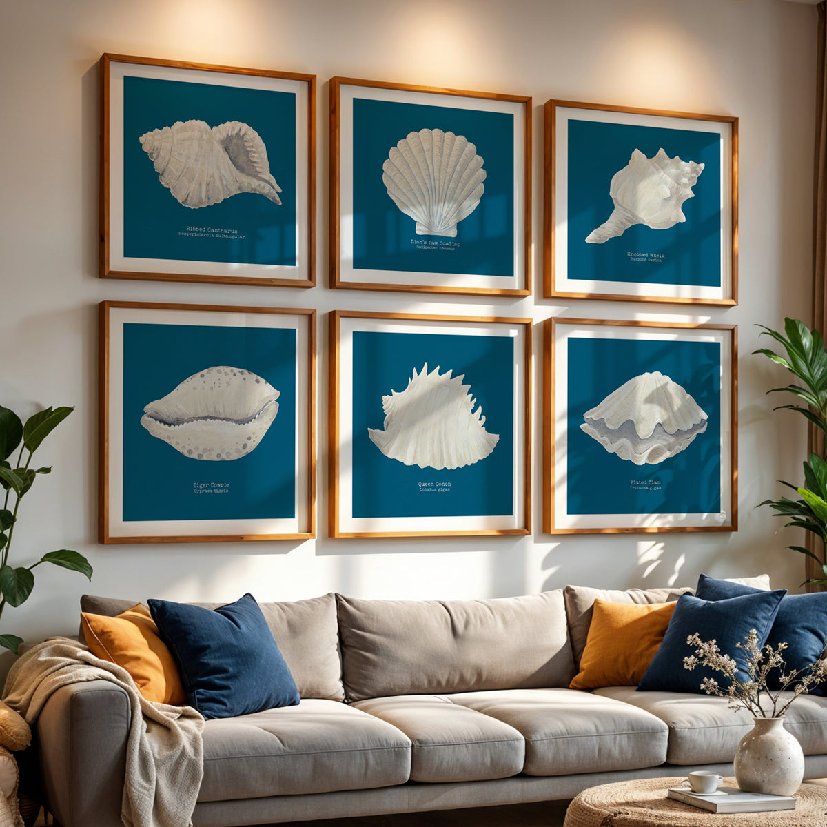 set of shell art prints on wall above sofa