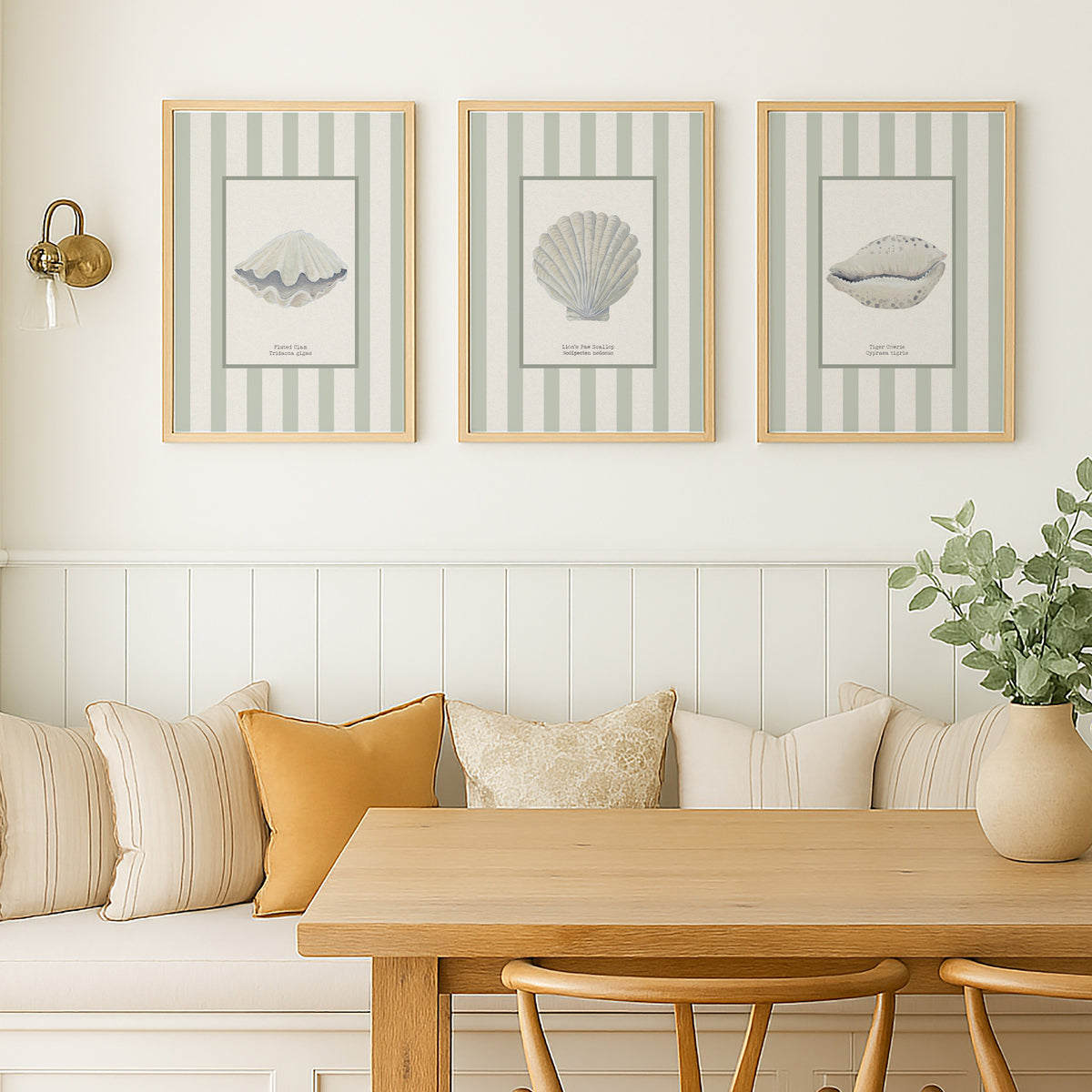 Hand-painted Scallop Shell Art Print | Sea Moss Green Stripe Background - Unframed