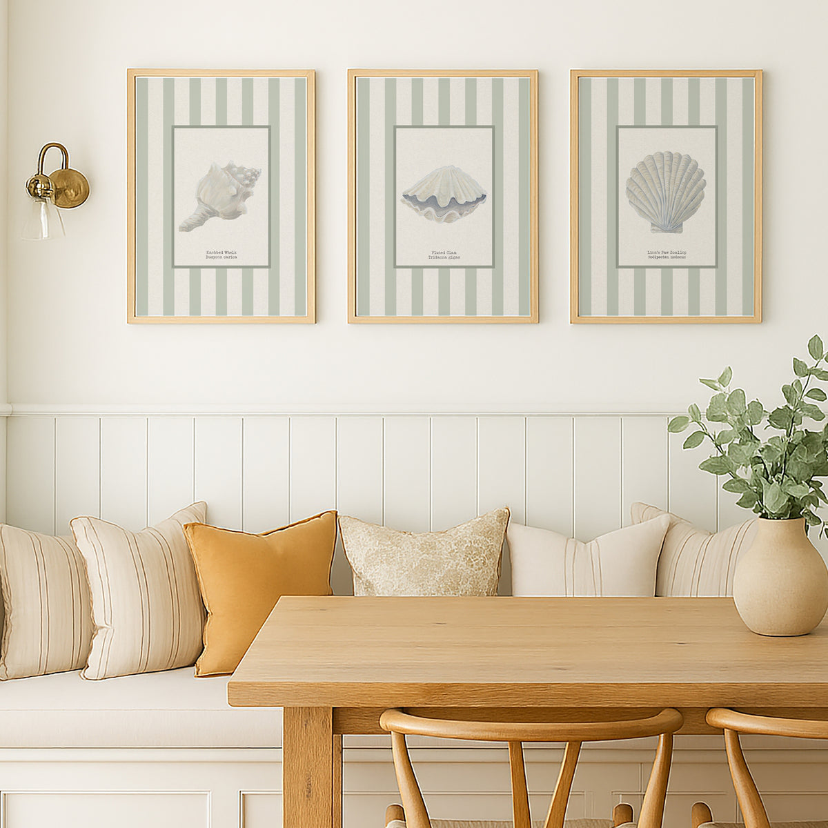 Hand-painted Scallop Shell Art Print | Sea Moss Green Stripe Background - Unframed