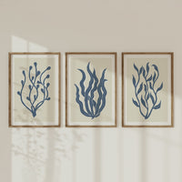 Abstract Indigo Seaweed Art Print No 2 | Coastal Graphic Wall Decor | Handcrafted Lino Cut Design - Unframed