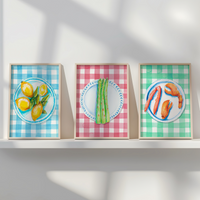 set of colourful kitchen art prints - food paintings on plates and colourful gingham backgrounds