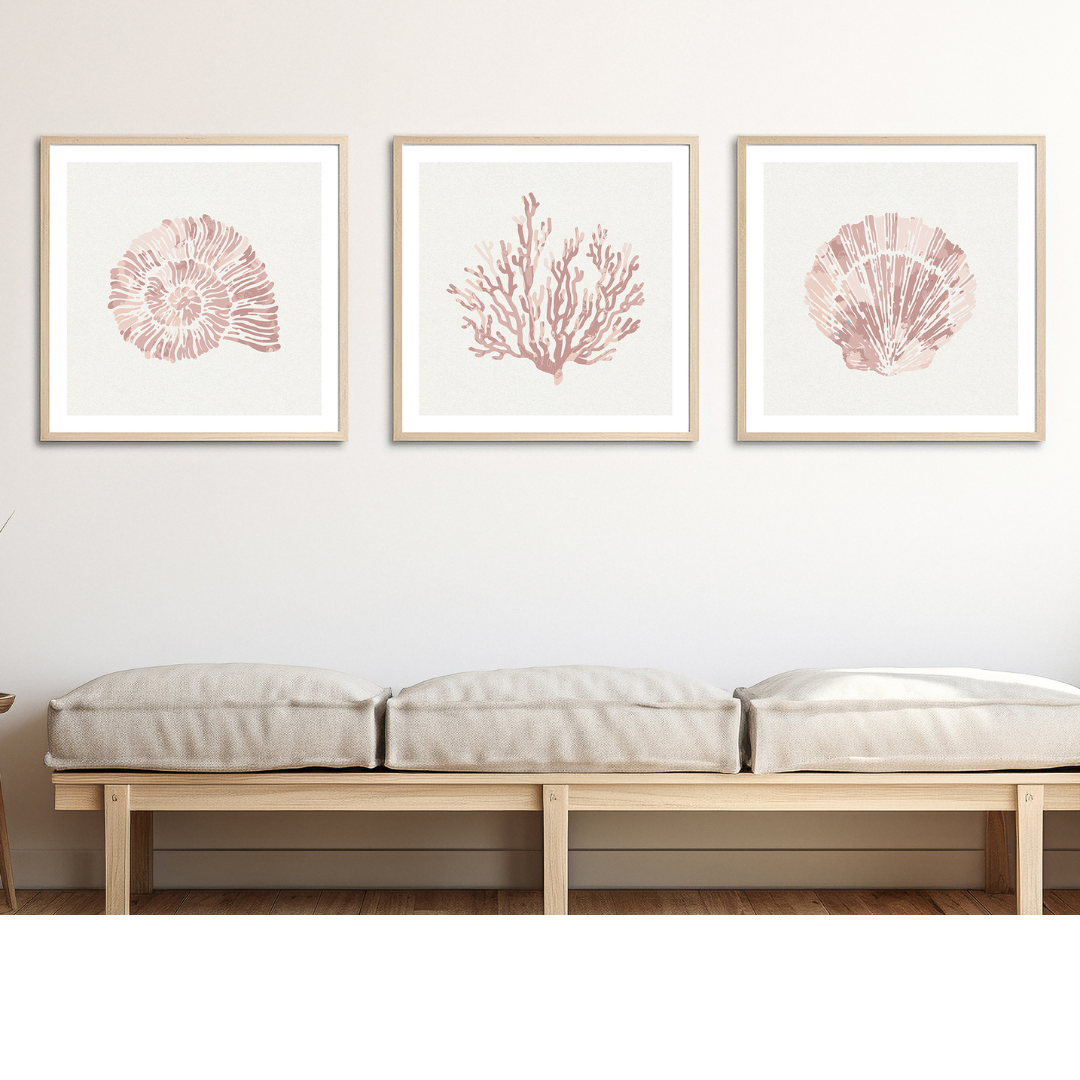 Set of Three Pink Coral and Shell Art Prints - Unframed
