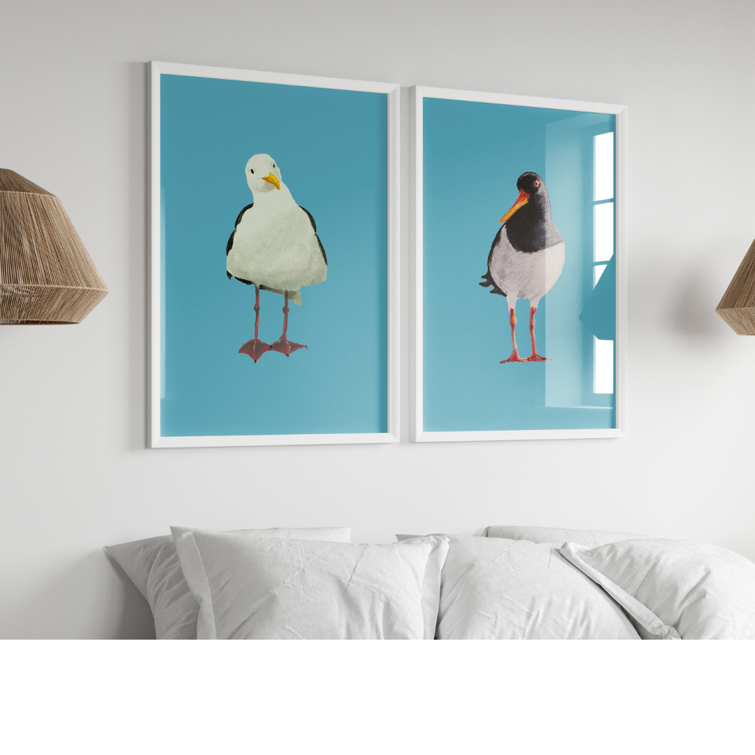 Set of Two Bird Paintings on Blue - Unframed