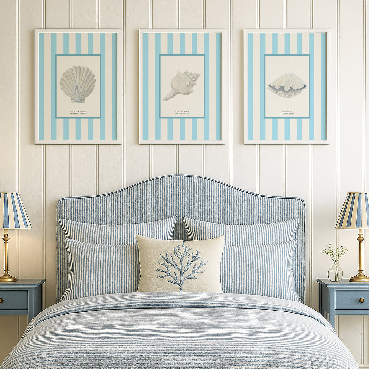 Hand-painted Scallop Shell Art Print | Aqua-blue Stripe Background - Unframed