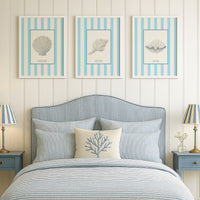 Hand-painted Scallop Shell Art Print | Aqua-blue Stripe Background - Unframed