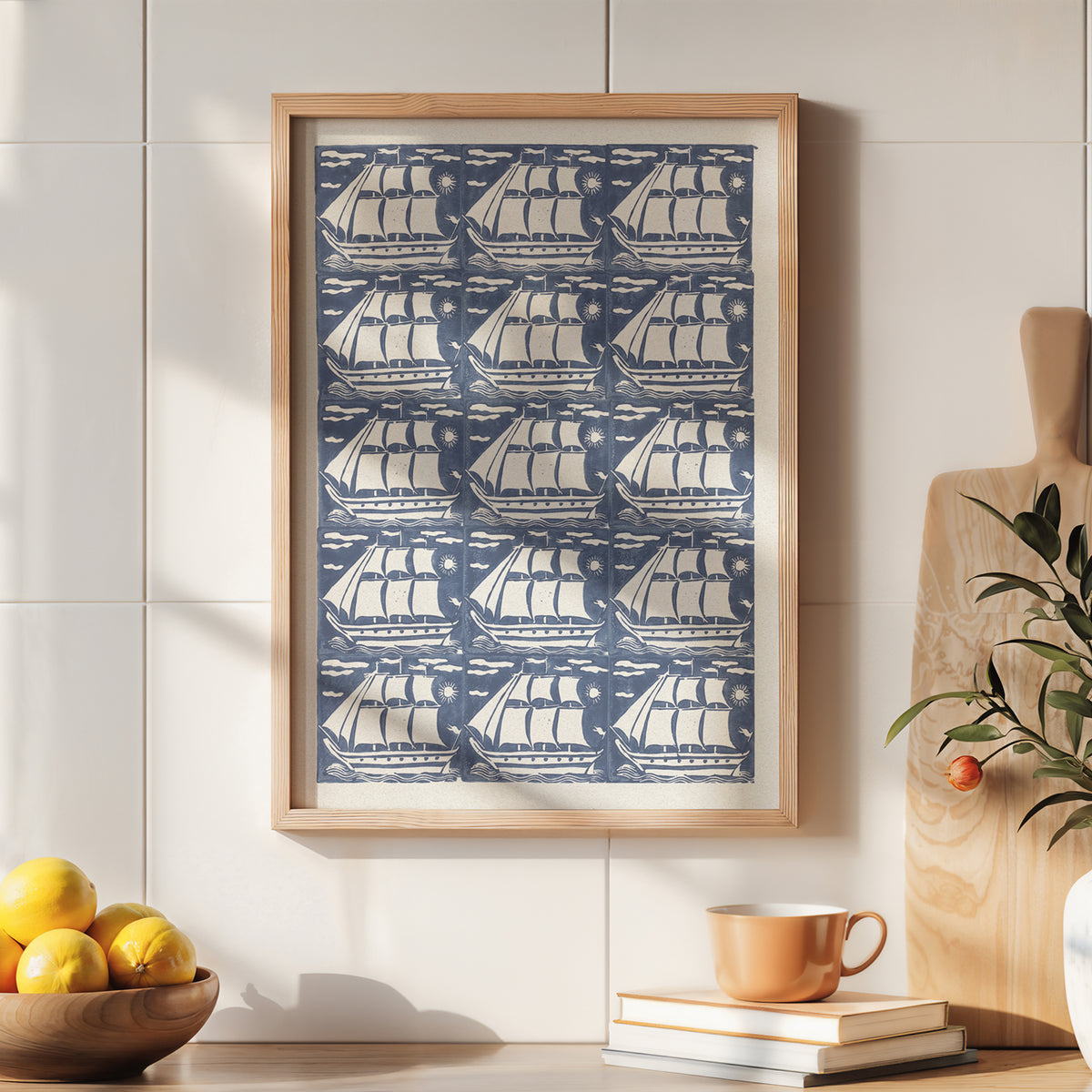 Vintage Ship Art | Blue & White Folk Ship Pattern Print - Unframed