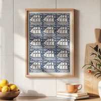 Vintage Ship Art | Blue & White Folk Ship Pattern Print - Unframed
