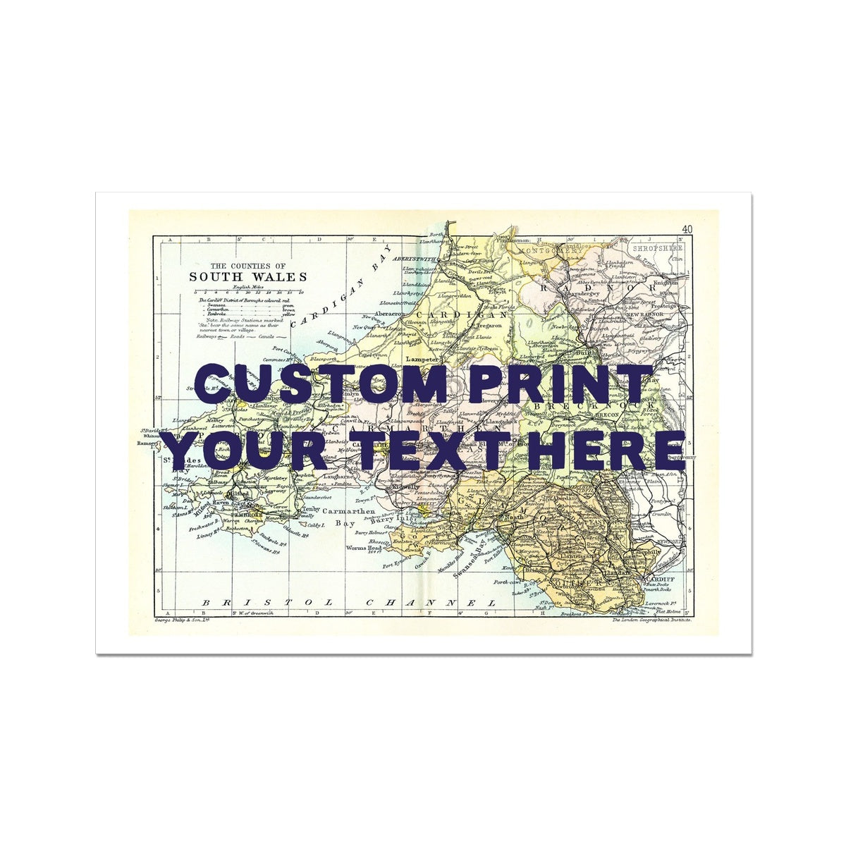 South Wales Personalised Map Print with Quote (Navy Hand Drawn Font) | Vintage Welsh Map Print - Unframed
