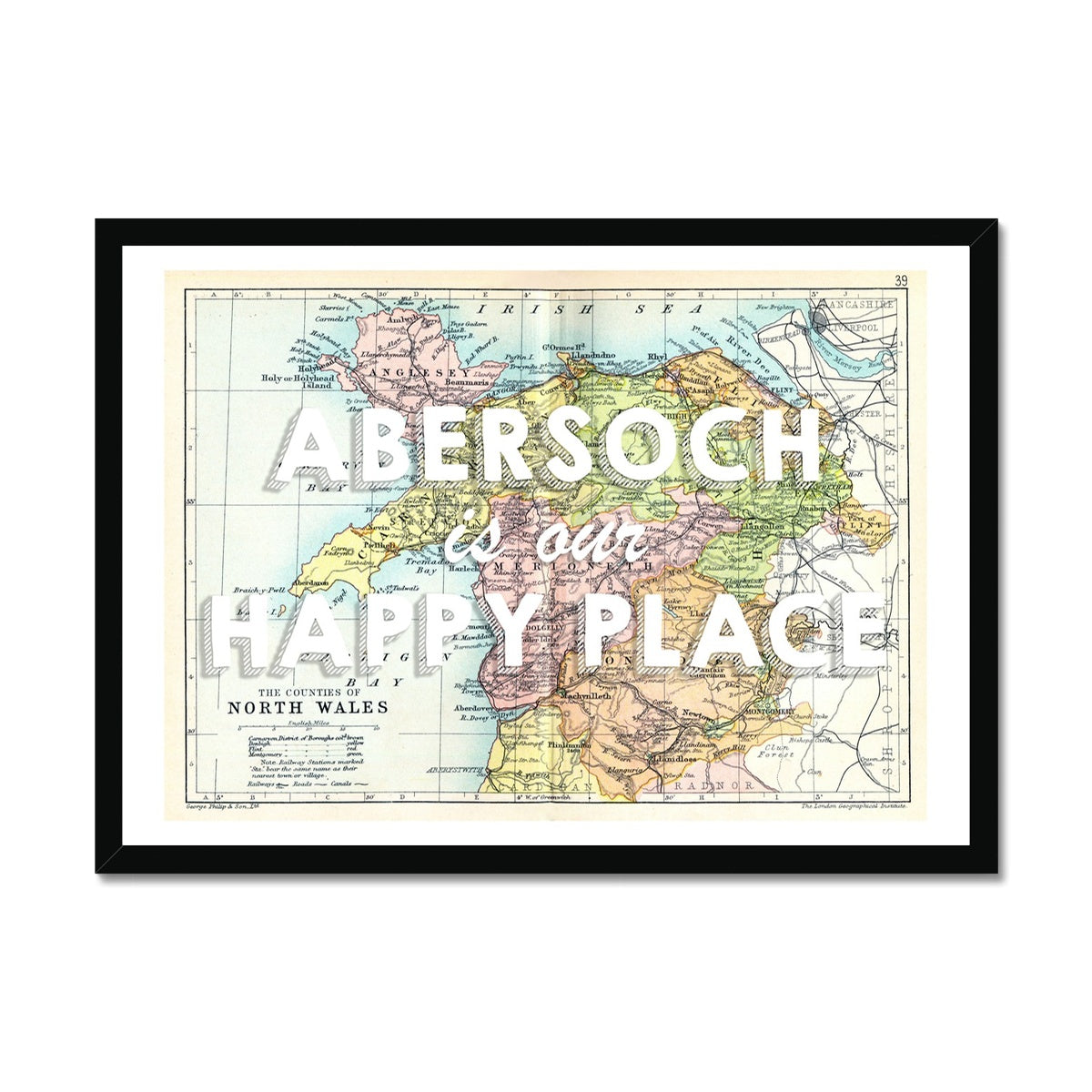 Abersoch is our Happy Place Quote on Vintage North Wales Map Wall Art - Framed
