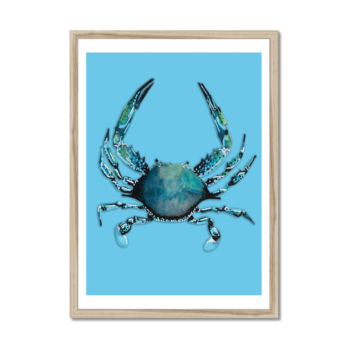 Crab Art Print |Colourful Kitchen Wall Art | Crab Painting on Blue - Framed