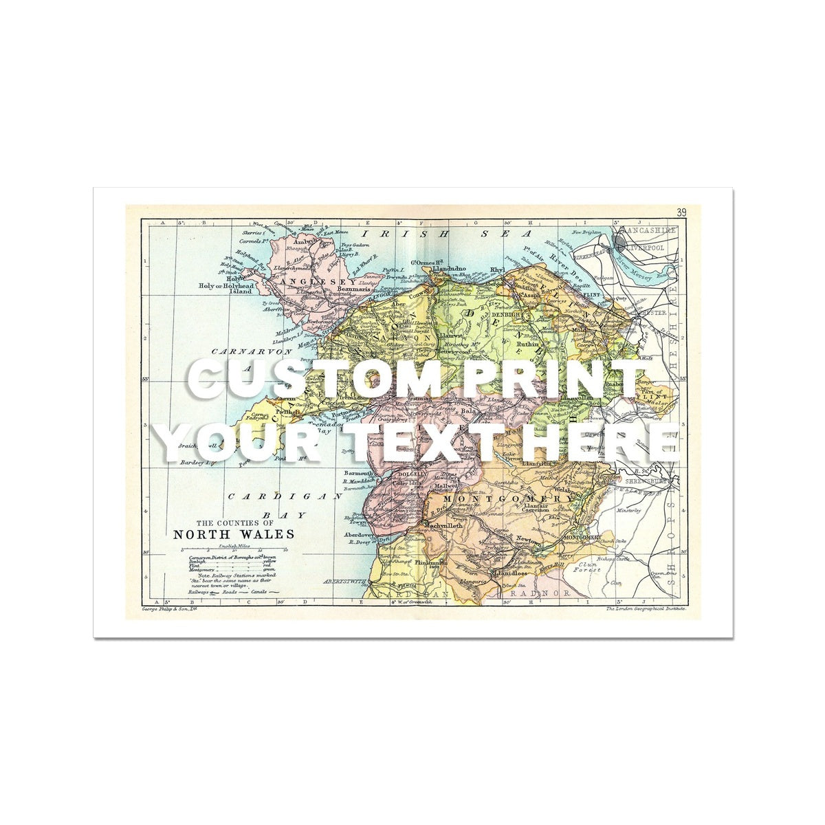 North Wales (White Hand Drawn Font) Personalised Map Print | Vintage Wales Map Print - Unframed