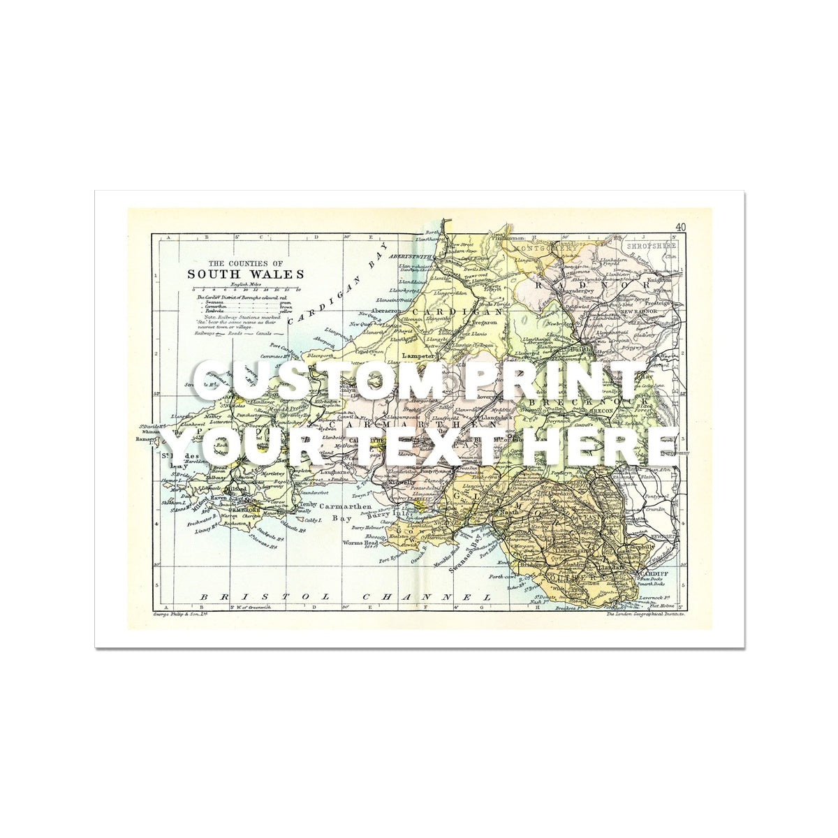 South Wales Personalised Map Print with Quote (White Hand Drawn Font) | Vintage Wales Map Print - Unframed