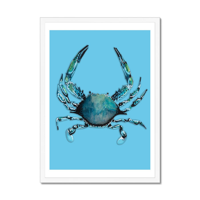 Crab Art Print |Colourful Kitchen Wall Art | Crab Painting on Blue - Framed
