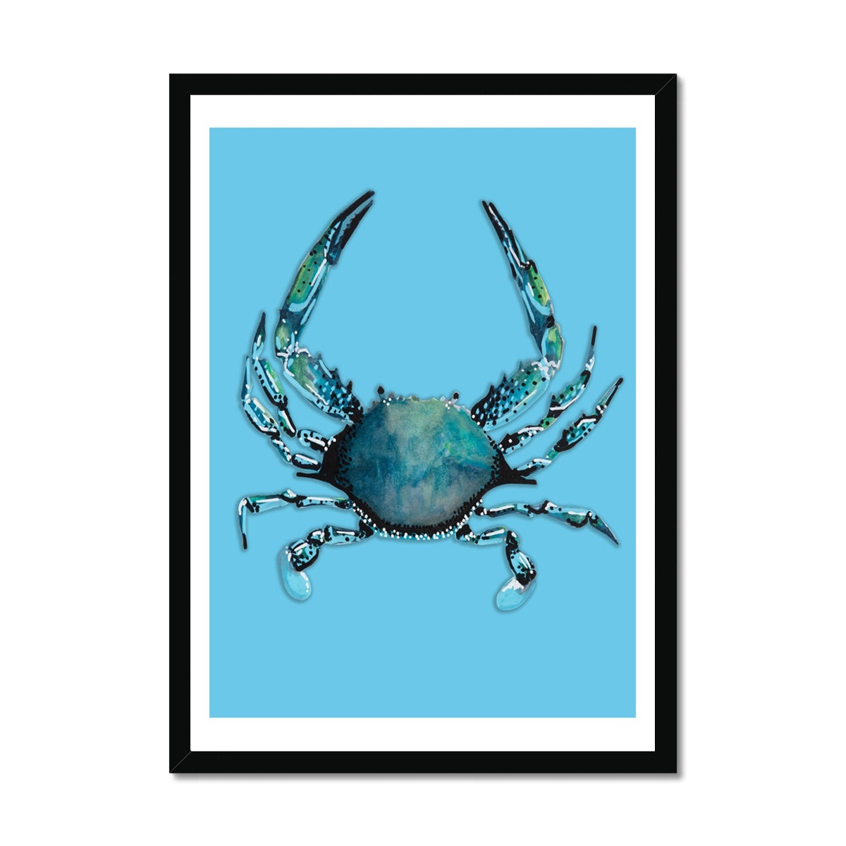 Crab Art Print |Colourful Kitchen Wall Art | Crab Painting on Blue - Framed