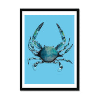 Crab Art Print |Colourful Kitchen Wall Art | Crab Painting on Blue - Framed