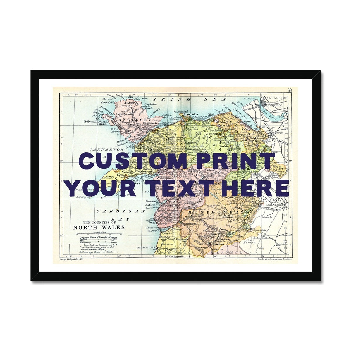 North Wales (Navy Hand Drawn Font) Personalised Map Print | Vintage Map Print - Framed