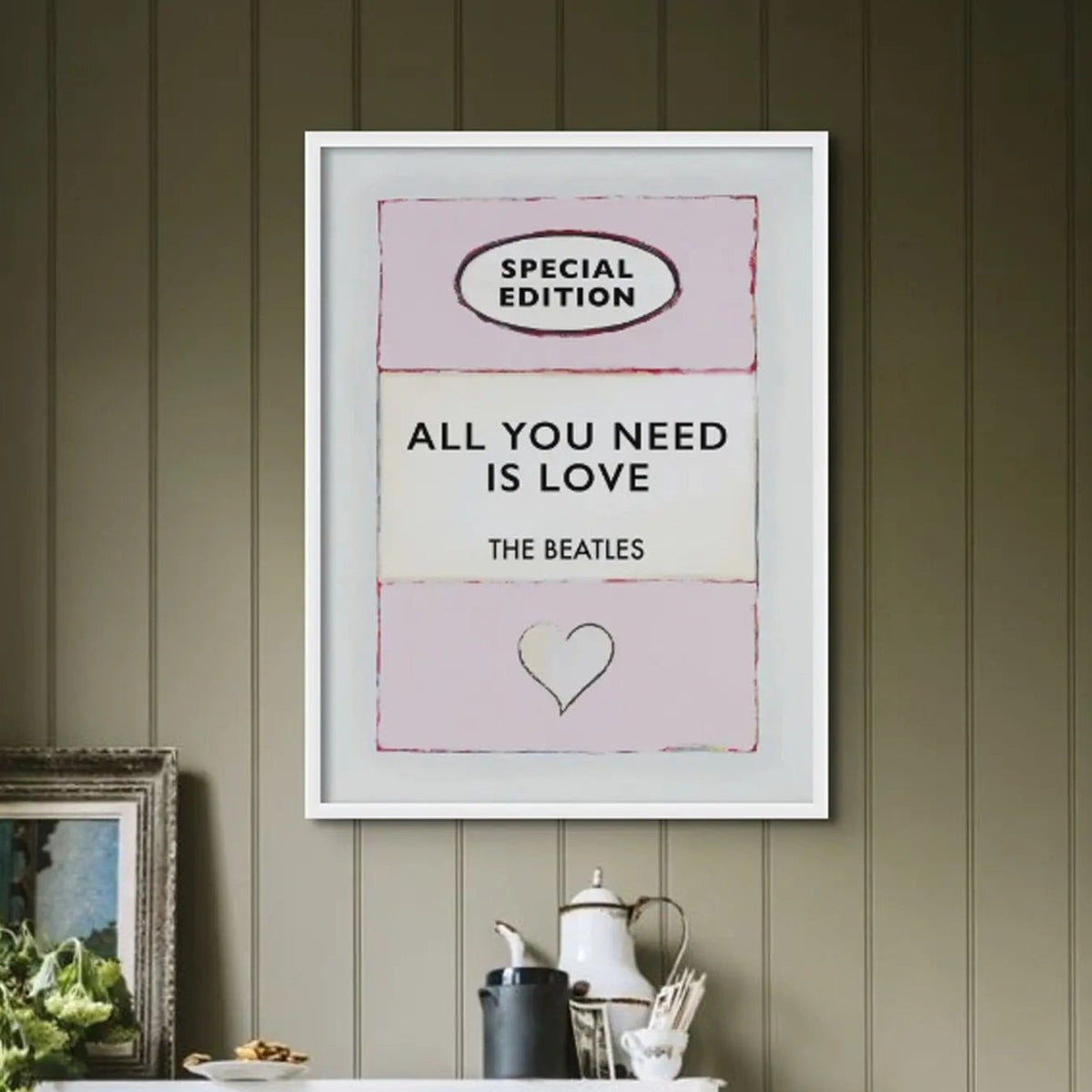 Beach House Art | All You Need is Love (Pink) | Lyric Book Cover Art Print  in white frame in green kitchen