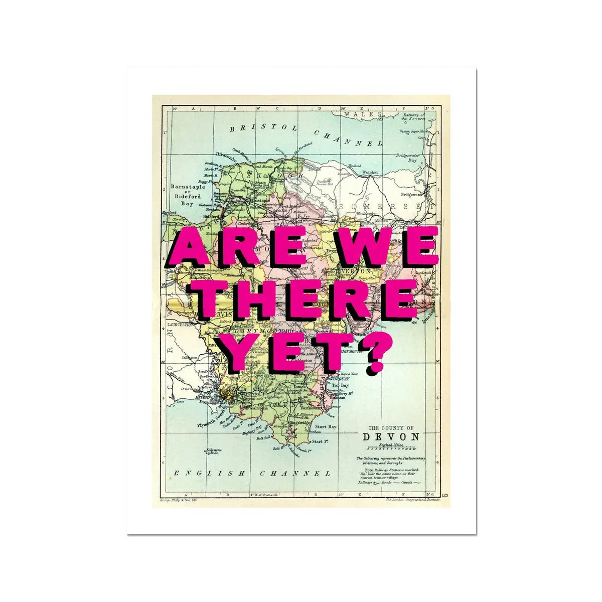 Are We There Yet? (Devon Map) Vintage Map Art - Unframed - Beach House Art