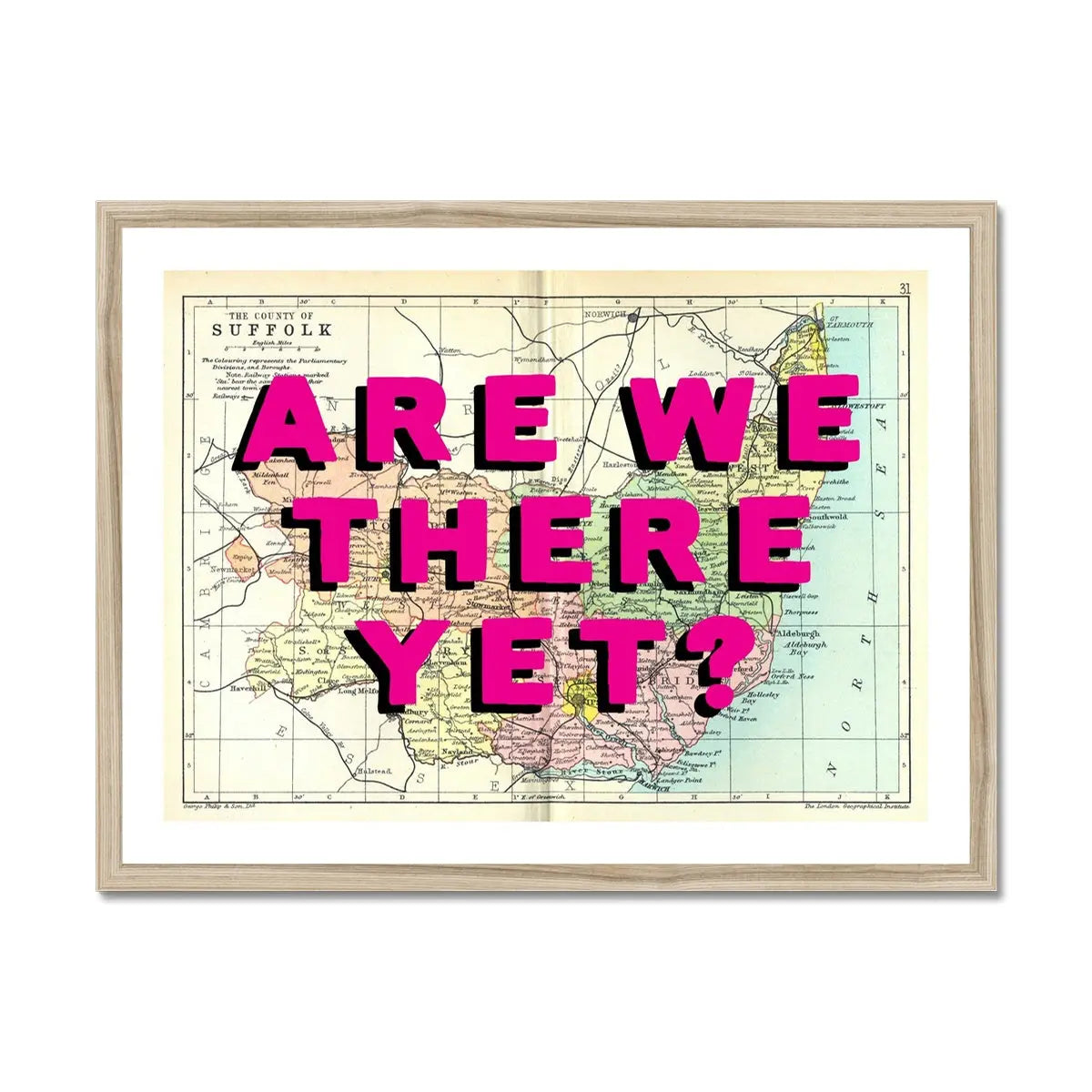 Are We There Yet? (Suffolk Map) Vintage Map Art - Framed - Beach House Art