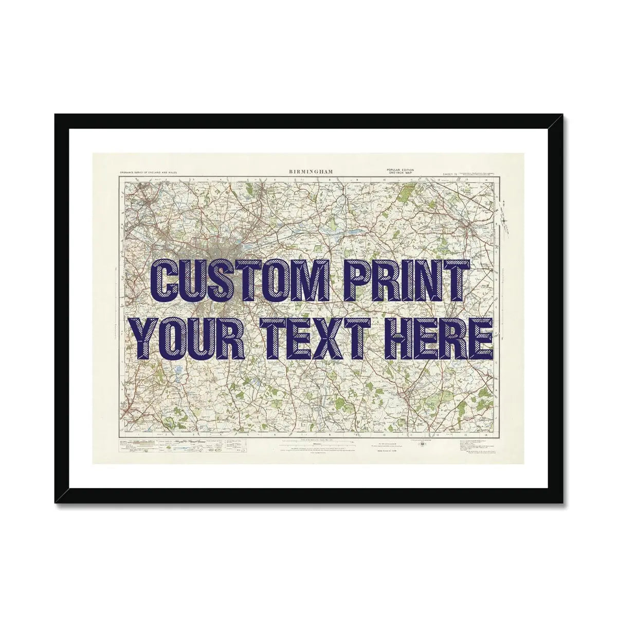 Custom map print of Birmingham | Personalised Map Print | Map Wall Art in Navy Vintage Font - Framed wall art