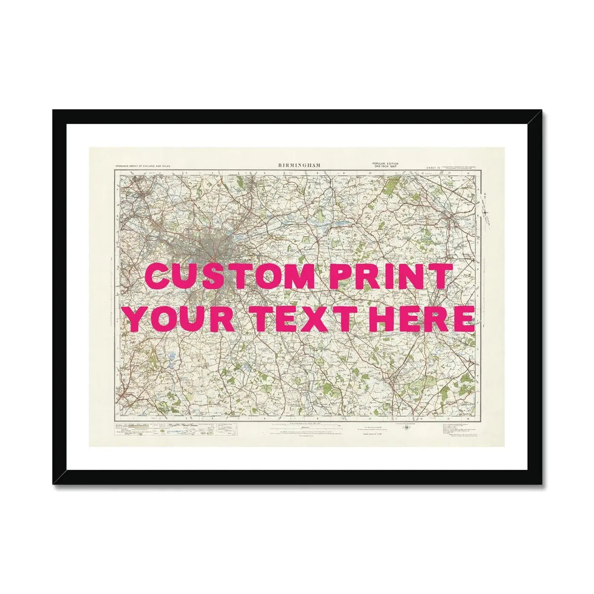 Map print of Birmingham | Personalised Map Print | Map Wall Art in Pink Hand Drawn Font - Framed wall art