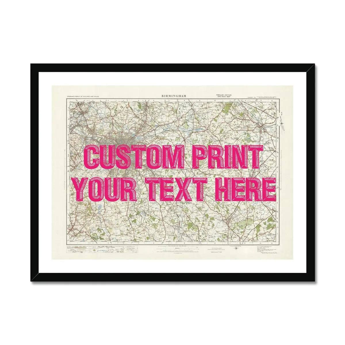 Custom map print of Birmingham | Personalised Map Print | Map Wall Art in Pink Vintage Font - Framed wall art