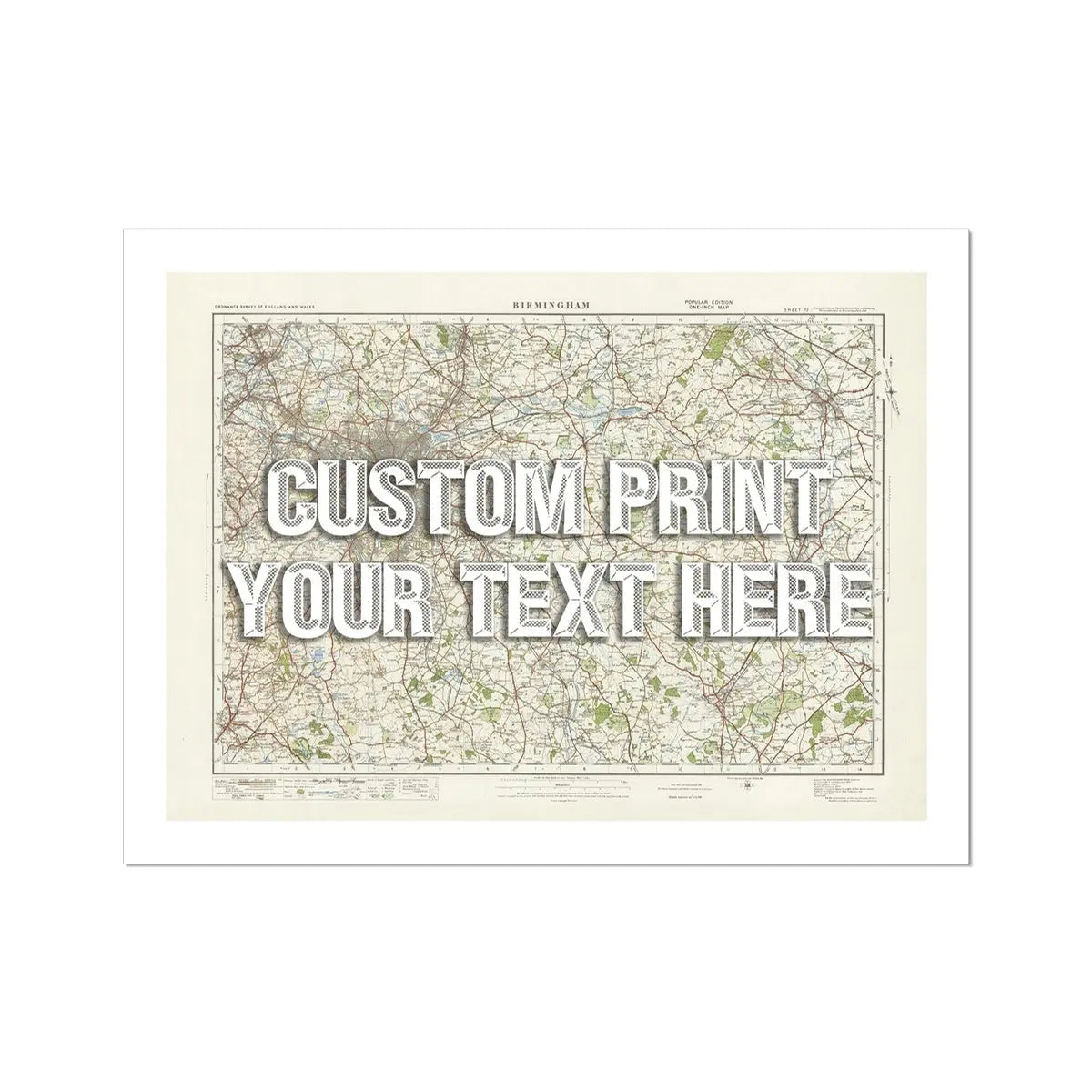Custom Map Print of Birmingham | Personalised Map Print | Map Wall Art in white vintage font - Unframed wall art