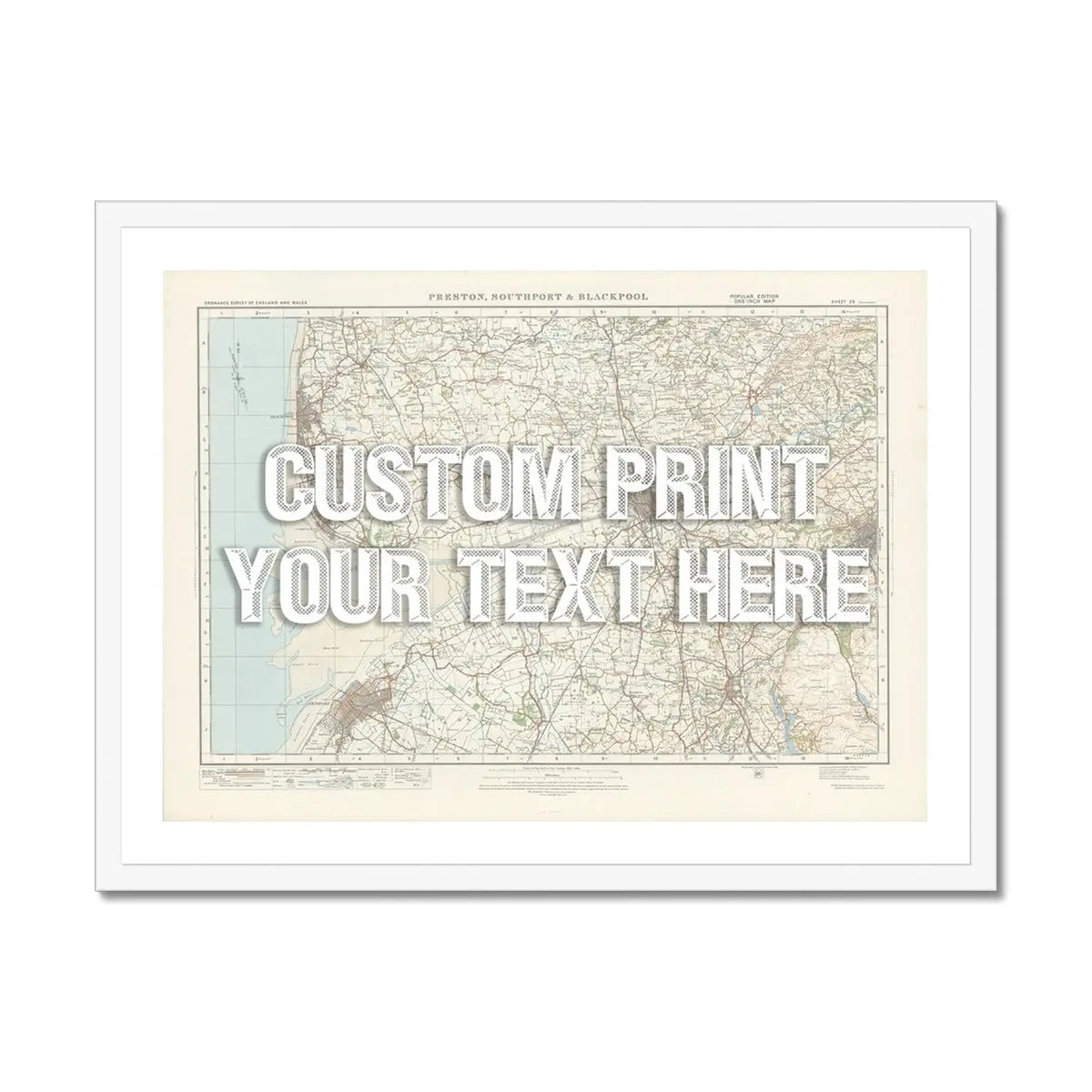 Blackpool Personalised Map Print | Custom Map of Blackpool | White Vintage Font - Framed Art Print