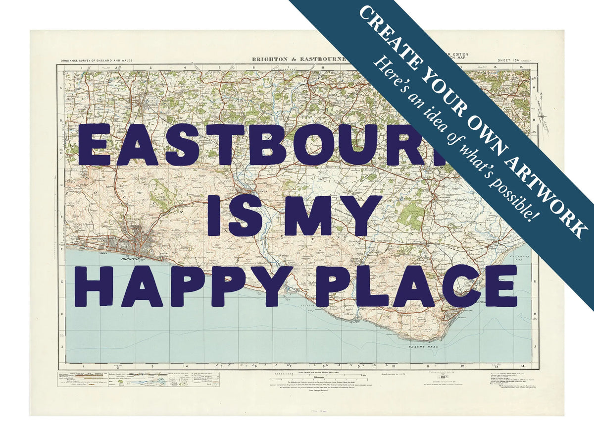 custom Map print of Brighton | Personalised Map Print | Map prints in Navy Hand Drawn Font- Framed Wall Art
