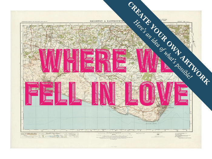 Map print of Brighton in Pink Vintage Font | Personalised Map Print | Custom Map Prints - Unframed Wall Art