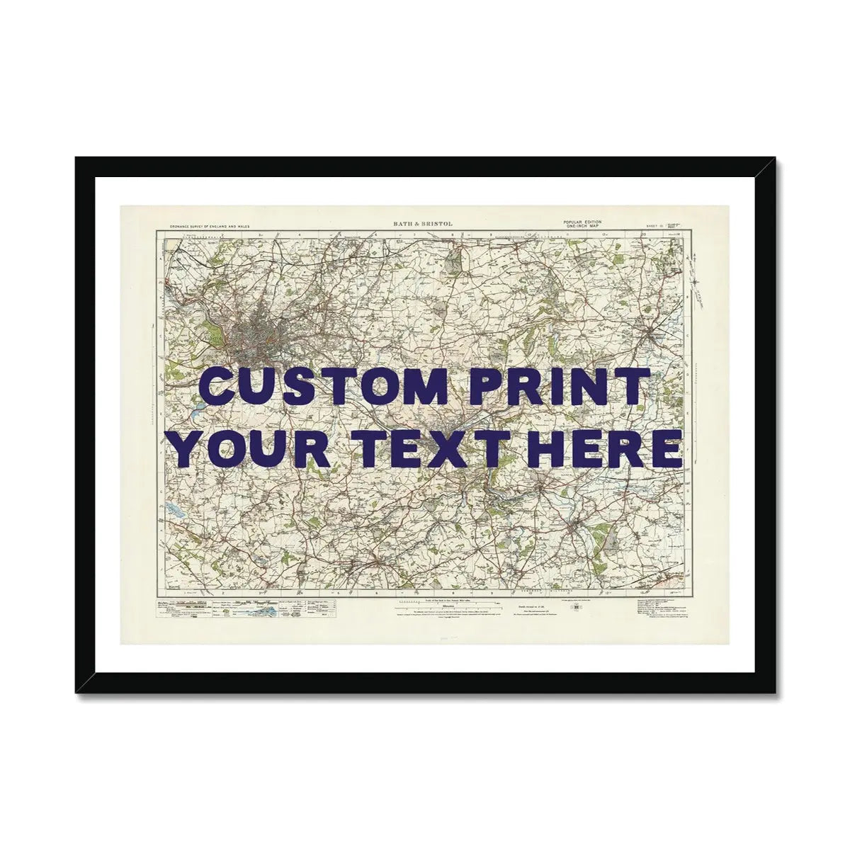 Custom Map print of Bristol & Bath | Personalised Map Print | Map Wall Art in Navy Hand Drawn Font - Framed Wall Art