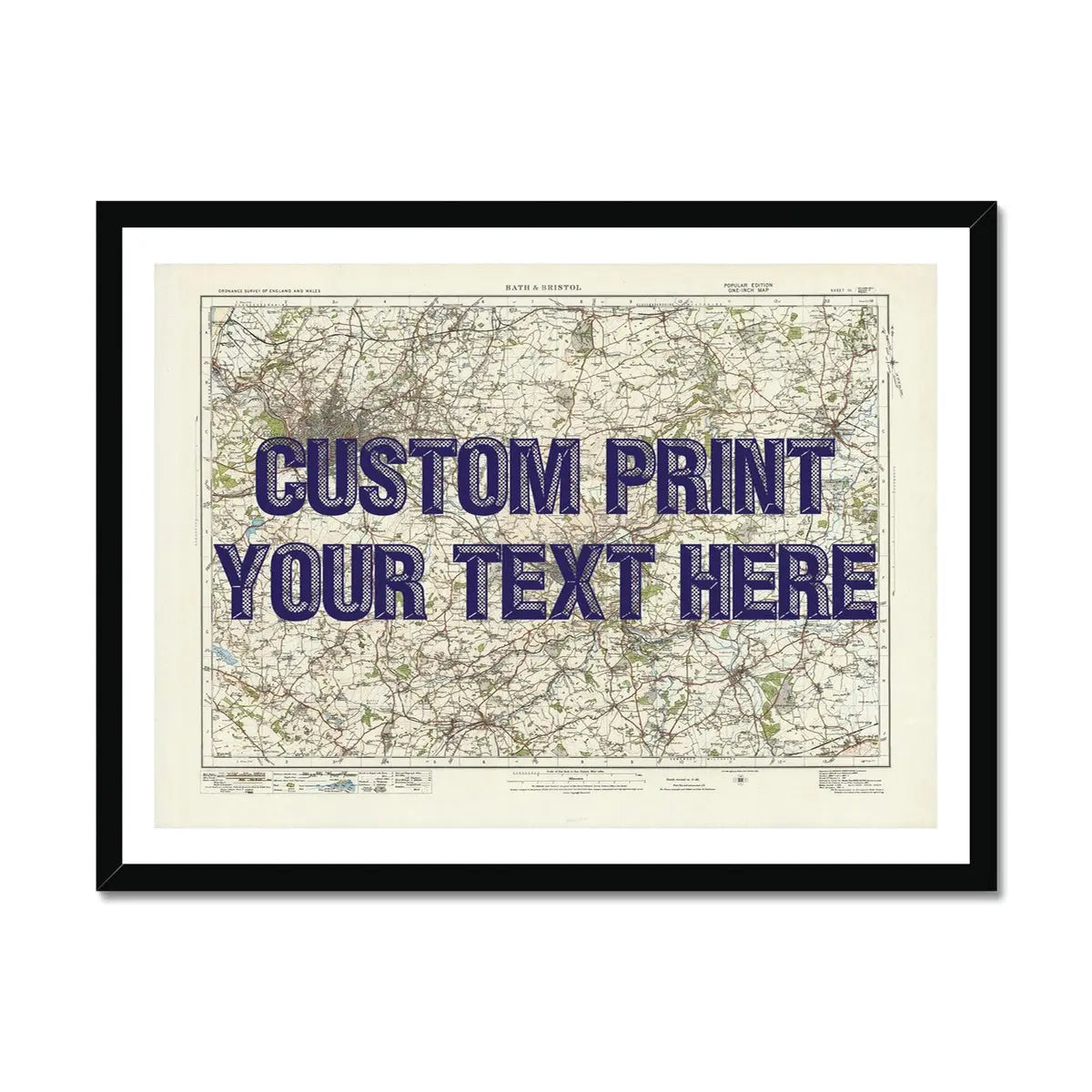 Map print of Bristol & Bath | Personalised Map Print | Map prints in Navy font - Framed wall art