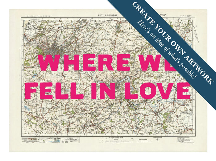 Custom map of Bristol & Bath in Pink Hand Drawn Font | Personalised Map Print | Map prints - Unframed wall art
