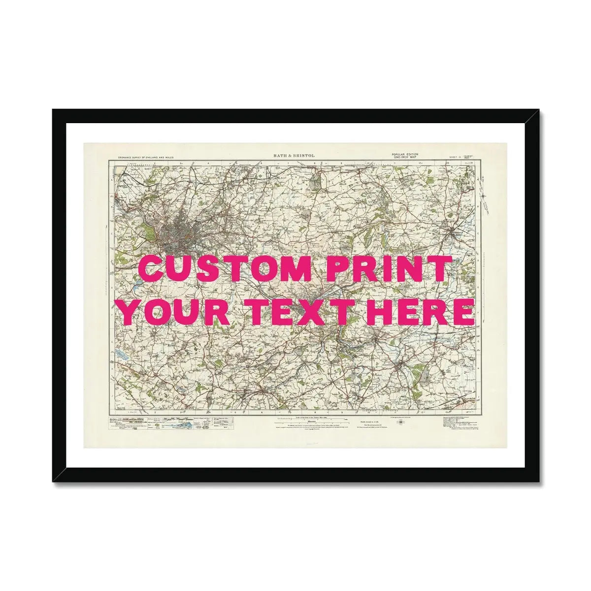Custom map print of Bristol & Bath | Personalised Map Print | Map Prints with pink font - Framed wall art