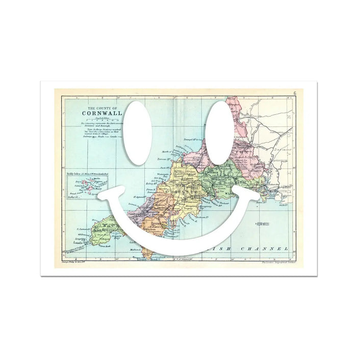 Cornwall Makes Me Happy Art Print | Cornwall Map With White Smiley Face | Vintage Map Art - Unframed Wall Art