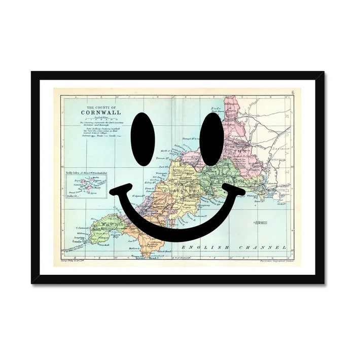 Cornwall Makes Me Happy Art Print | Cornwall Map Print | Vintage Map Art - Framed Wall Art