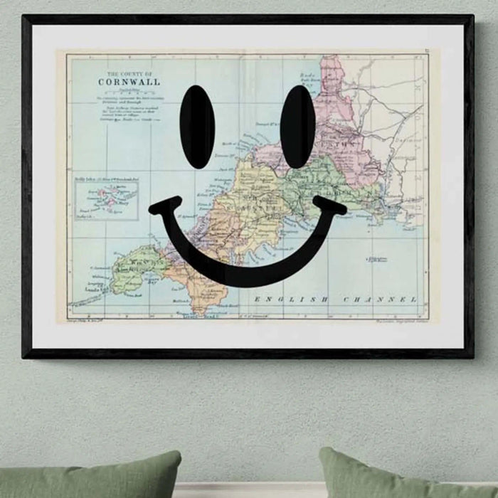 Cornwall Makes Me Happy Art Print | Cornwall Map Print | Vintage Map Art - Framed Wall Art