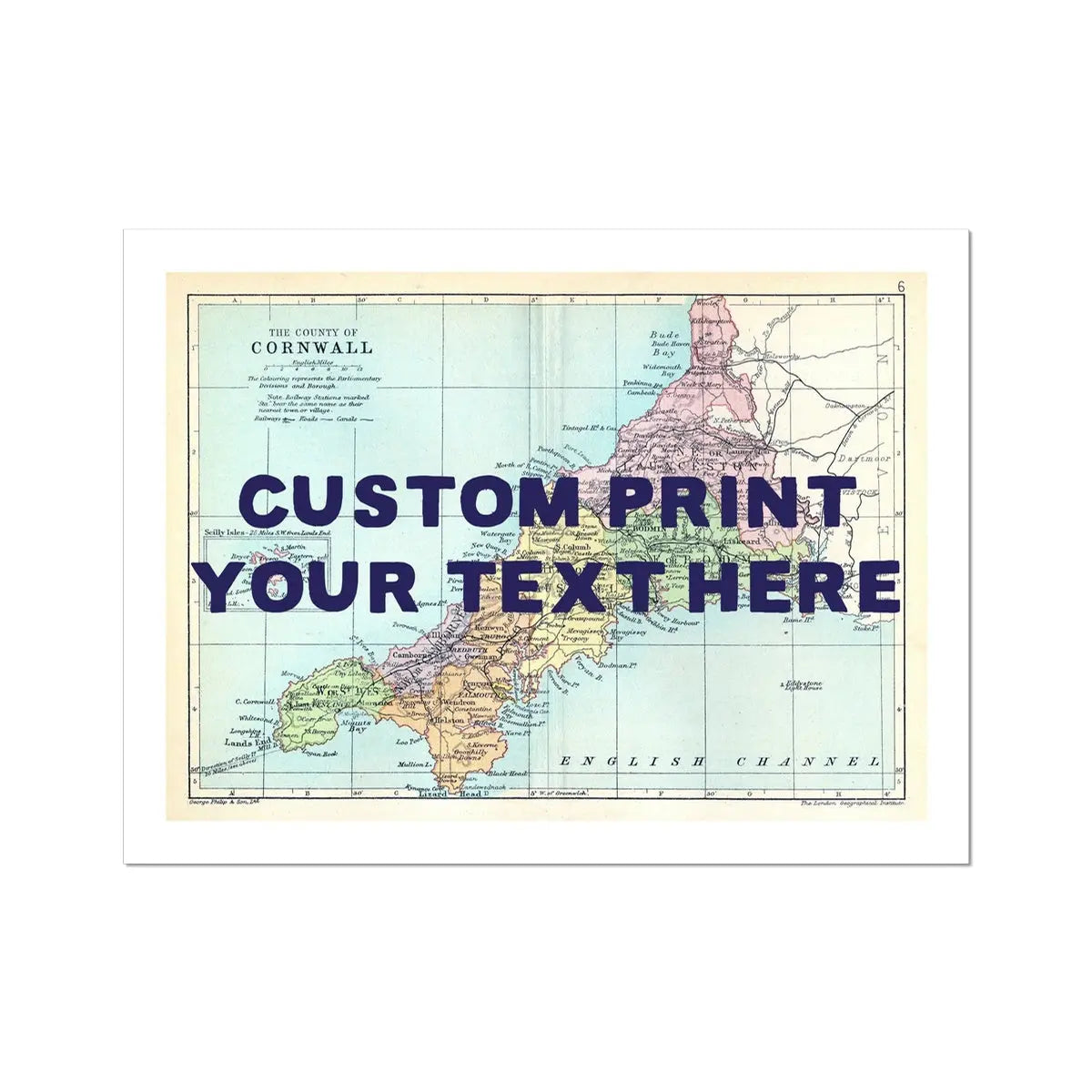 Map Print of Cornwall | Personalised Map Art Print with Navy Font - Unframed Wall Art