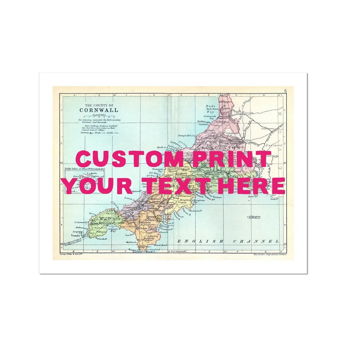 Custom Map Print of Cornwall | Personalised Art Print in Pink Font - Unframed Wall Art