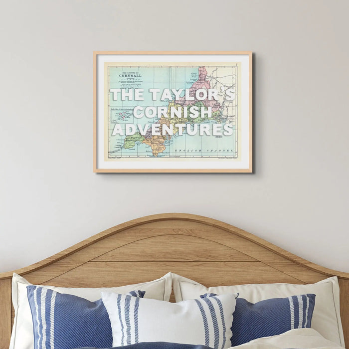 Custom Cornwall Map Print | Personalised Art Print with White Font - Framed Wall art