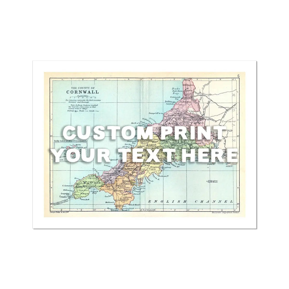 Custom Map Print of Cornwall | Personalised Art Print in White Font - Unframed Wall Art